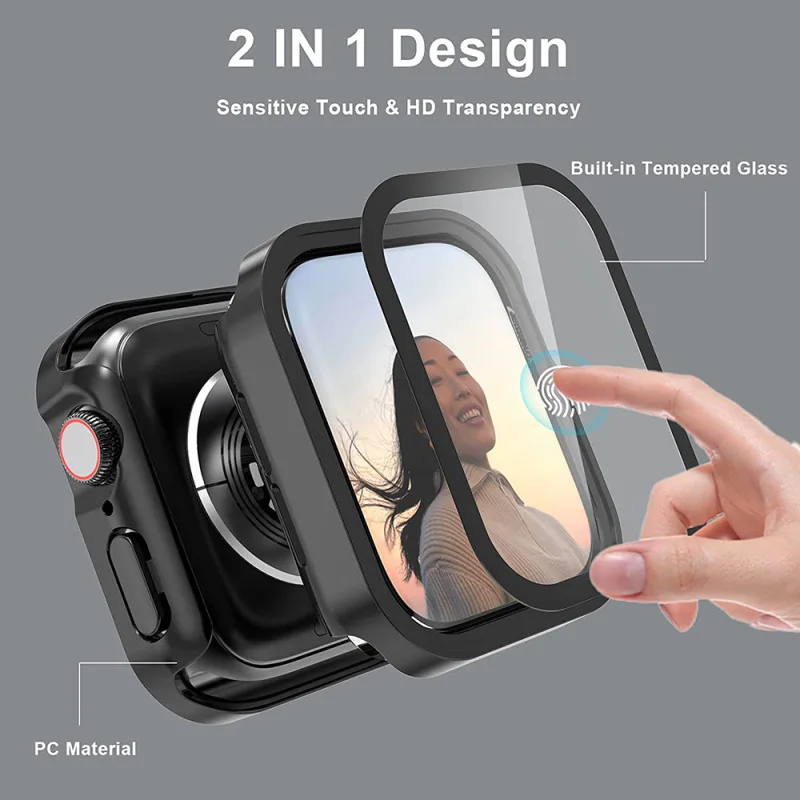 Glas + wasserdichtes Gehäbenutzen für Apfel Uhr 7, 8, 9, 45 mm, 41 mm, Displayschutzfolie, harter PC-Stoßfänger für iWatch Serie 6, 5, 4 SE 40 mm, 44 mm Abdeckung