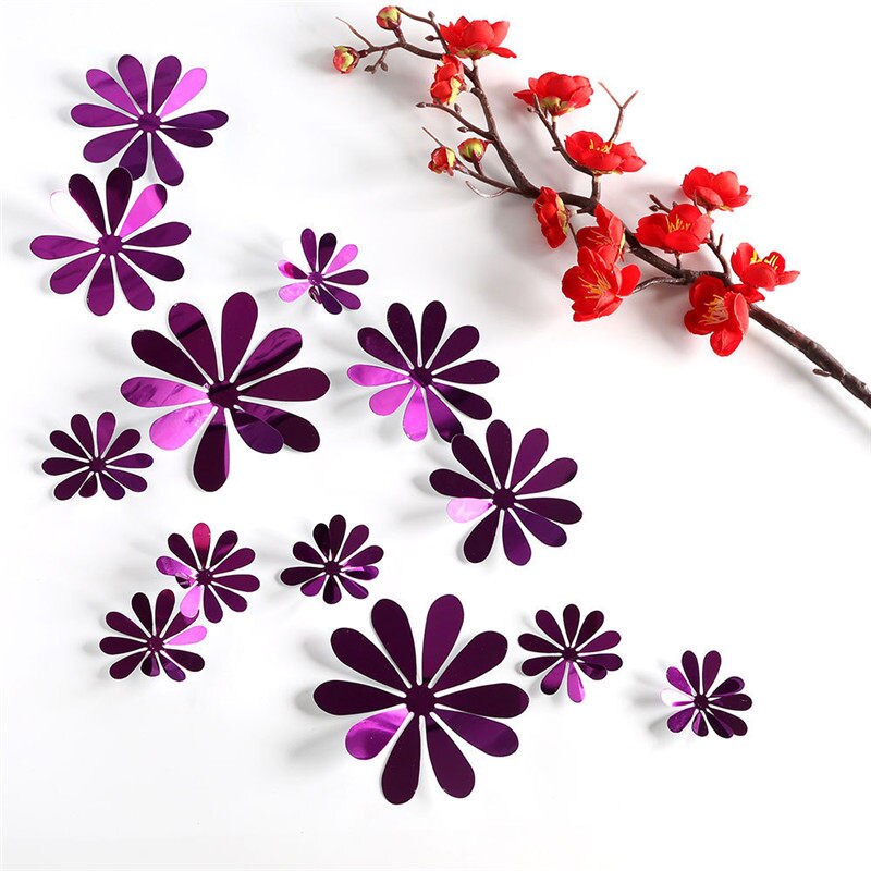 12 pcs/set 3D Mirror Flower Wall Stickers Gold Silver Purple Party Wedding Decor for Home Decorations Sticker on the wall: purple