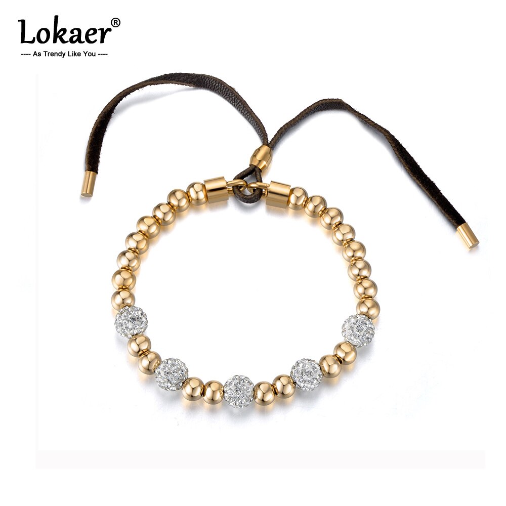 Lokaer Gold Color Round Beads With Rhinestone Beads Strand Bracelets Stainless Steel Adjustable Bracelet For Women B18024