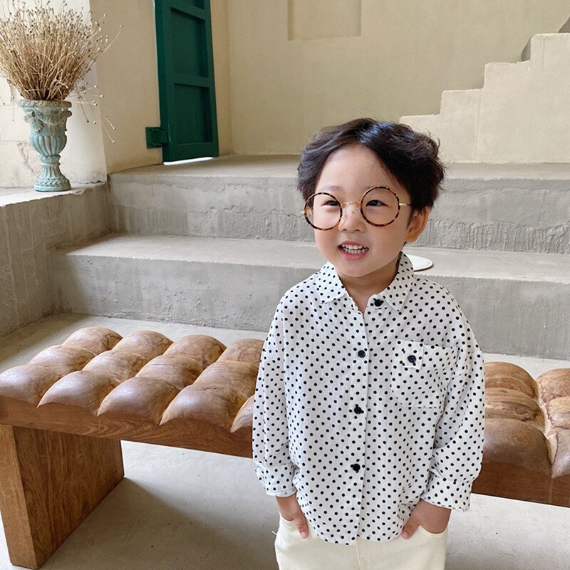Boys Korean Style Cotton Dot Long Sleeve Shirts Spring and Autumn Lapel Collar Baby Boys soft all-match casual shirt: Balck Dot / 2T
