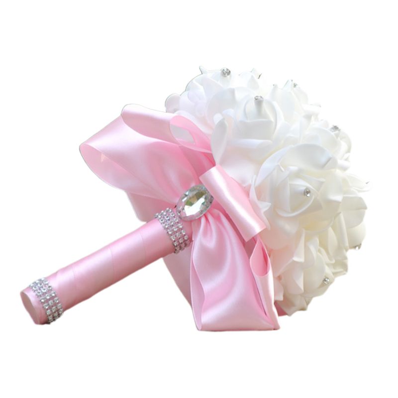 Korean Style Wedding Bridal Bouquet Artificial Flower PE Foam Roses With Faux Crystal Rhinestone Ribbons for Party Church Decor: Pink