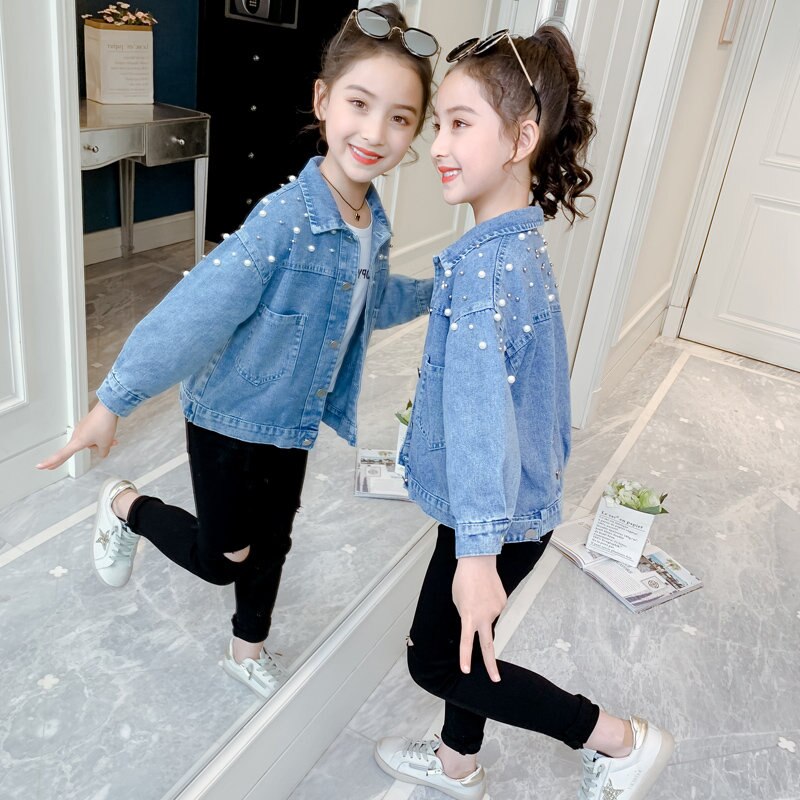 Giacche di jeans per bambini per adolescenti ragazze nuova primavera autunno moda capispalla abbigliamento per bambini giacca di cotone con perla per adolescenti