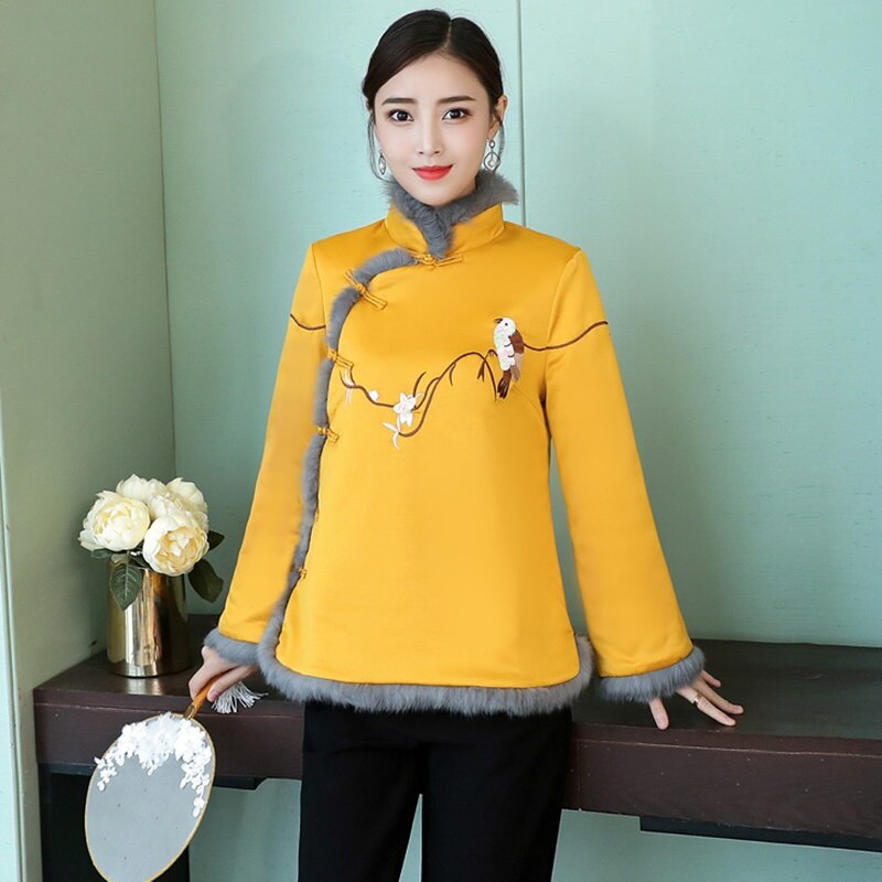 Chinese Year Clothes For Women Long Sleeve Winter Fleece Warm Thick Yellow Chinese Cheongsam Tops For Women FF2476