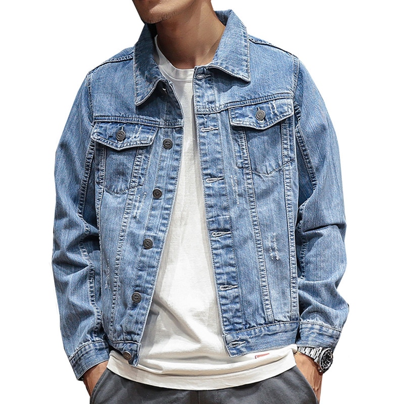 Distressed Blue Denim Jacket men Autumn Ripped Jeans Coat Male Slim Fit Casual Coats Solid Simple Plus Size 3XL Top