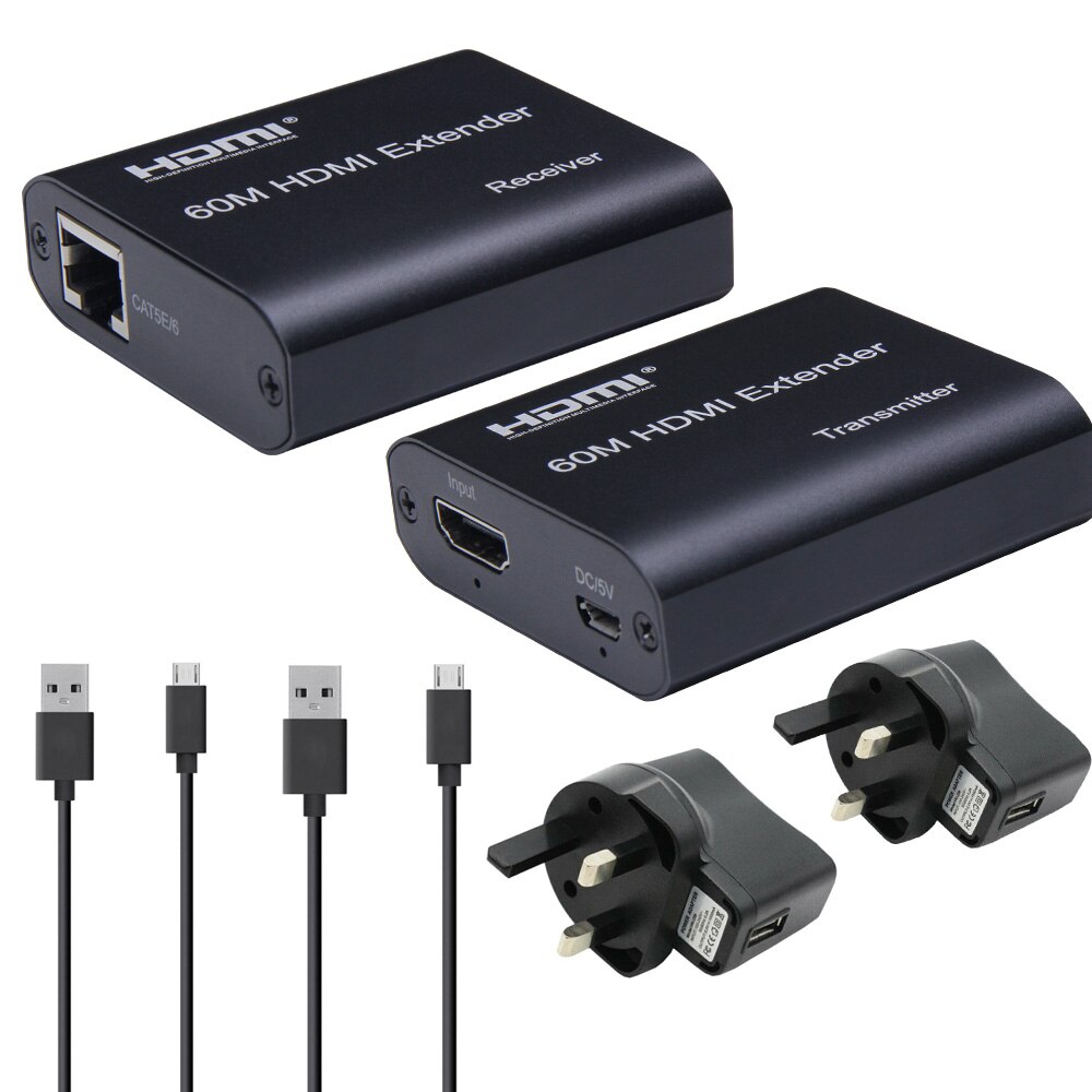 Cable extensor HDMI RJ45 de hasta 60M, extensores HDMI sobre cable Cat5e/6, repetidor extensor Ethernet HDMI 1080P para HDTV, PC, portátil y PS: Grey