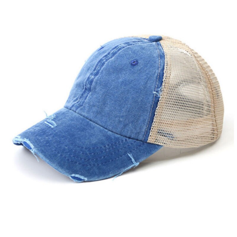 Mulheres Verão Chapéu Patchwork Angústia Messy Bun Rabo de Cavalo Chapéu Do Camionista da Malha Lavado Boné de Beisebol do Hip Hop Feminino Verão Chapéu Snapback: Azul