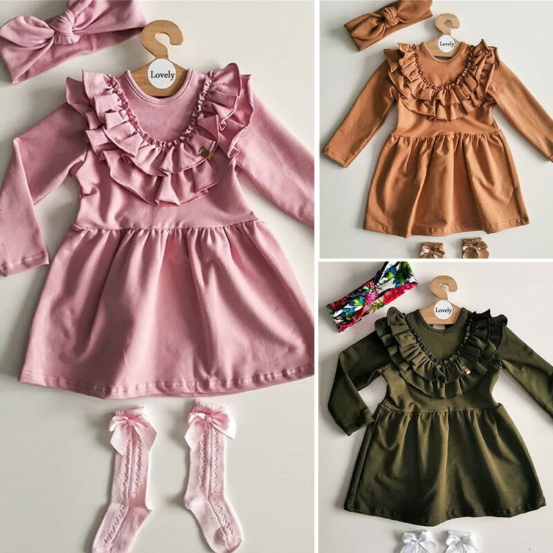 1-6Y Peuter Kids Baby Meisjes Jurk Ruches Lange Mouwen Effen Party Casual Dress Hoofdband Kleding Outfits