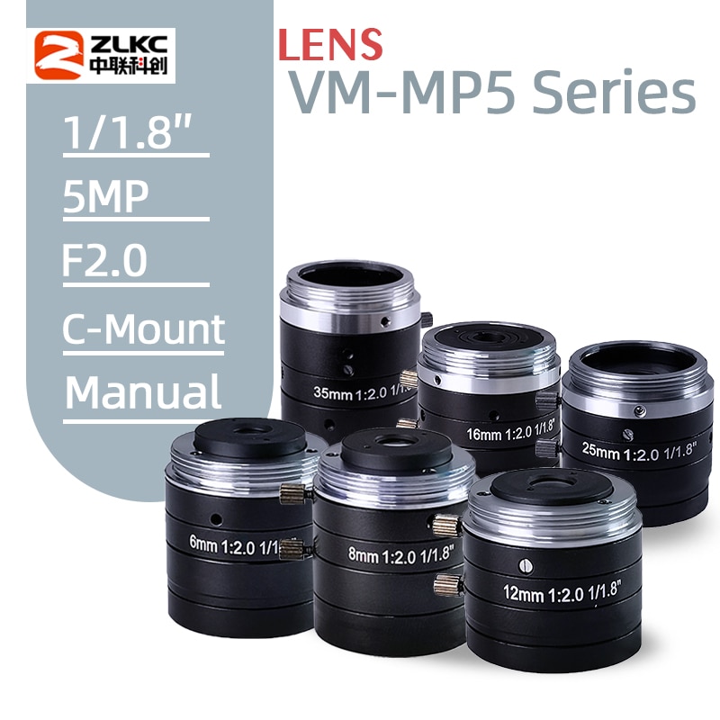 5mp manuella irislinser 4mm 6mm 8mm 12mm 16mm 25mm 35mm 50mm 75 mm fast fokal  f2.0 1/1.8 tums c-fäste lättviktslins för maskinseende