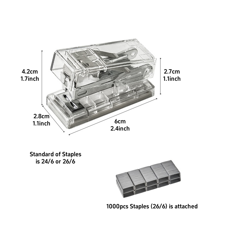 Mini grapadora de Color transparente, 1000 Uds., 26/6 grapas, carpeta portátil, herramientas de encuadernación para oficina, escuela F7639