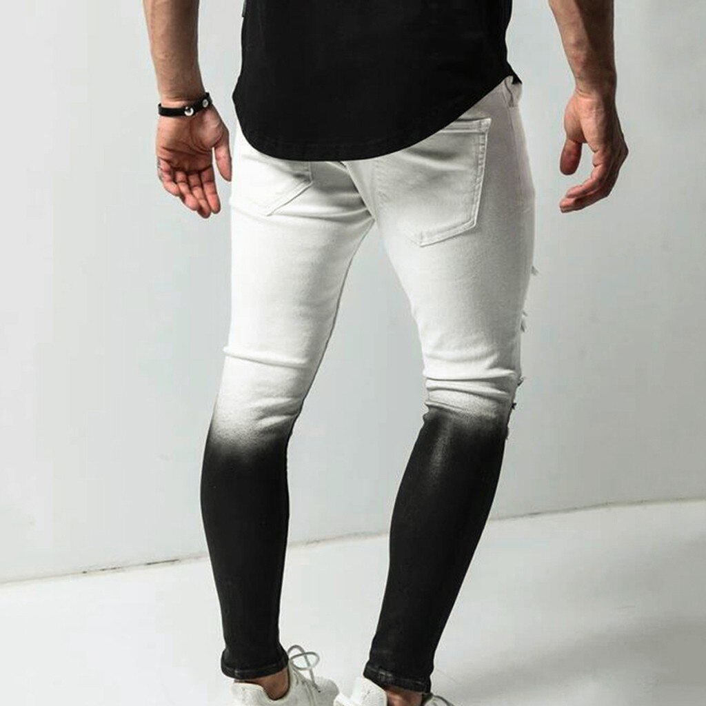 Men's Skinny Stretch Ripped Male Jeans Slim Fit Denim Trousers Streetwear Gradient White Black Skinny Jeans Men L3