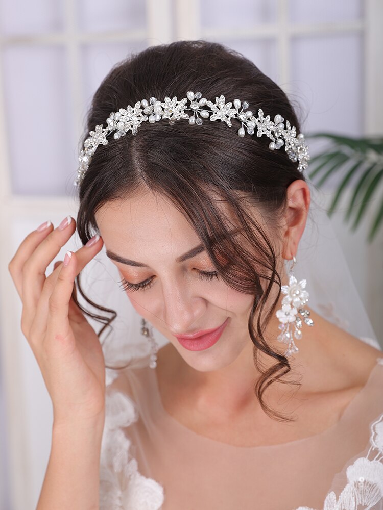 Tiare en argent coiffure de mariage brillant strass perle luxe bandeau femmes cheveux ensemble de bijoux accessoires de cheveux de mariée
