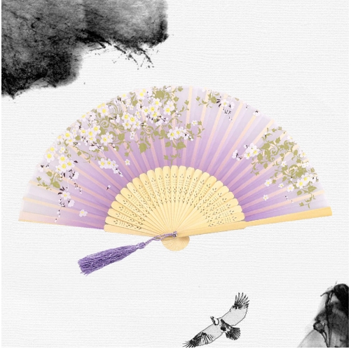 Abanico plegable de mano de seda con estampado de estilo japonés chino tradicional, borla de mango de madera, de boda , decoración del hogar: Amarillo claro