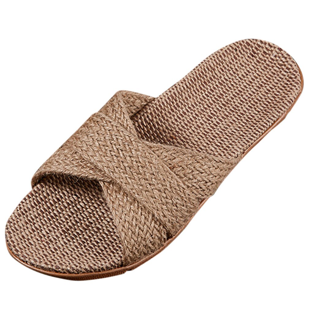 Zomer Platte Open Teen Slippers Slippers Vrouwen Mannen Thuis Zomer Kruis Riem Dames Casual Schoenen Linnen Slippers: Khaki / 35