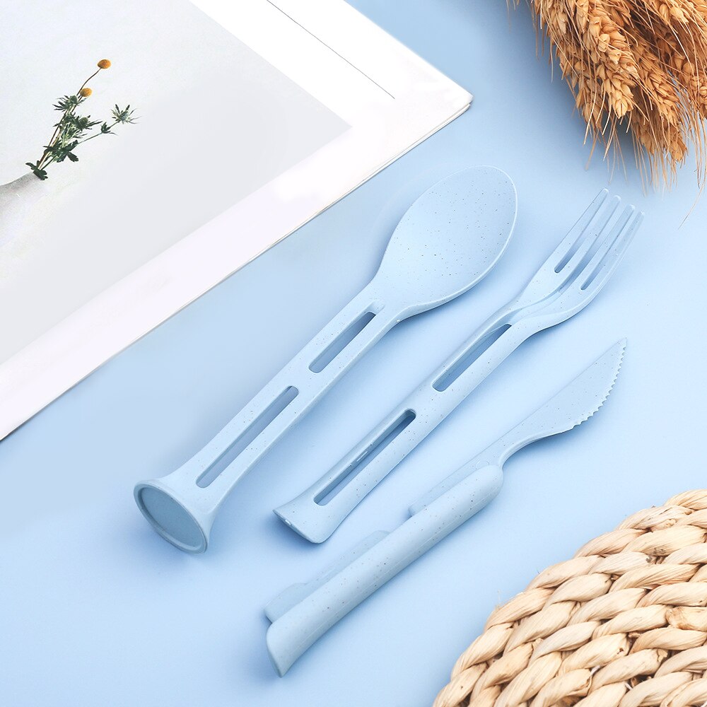 3pcs Three-in-one Portable Tableware Nordic Wheat Straw Knife Fork Spoon Set Western Tableware for Children Kitchen Accessories: sky blue