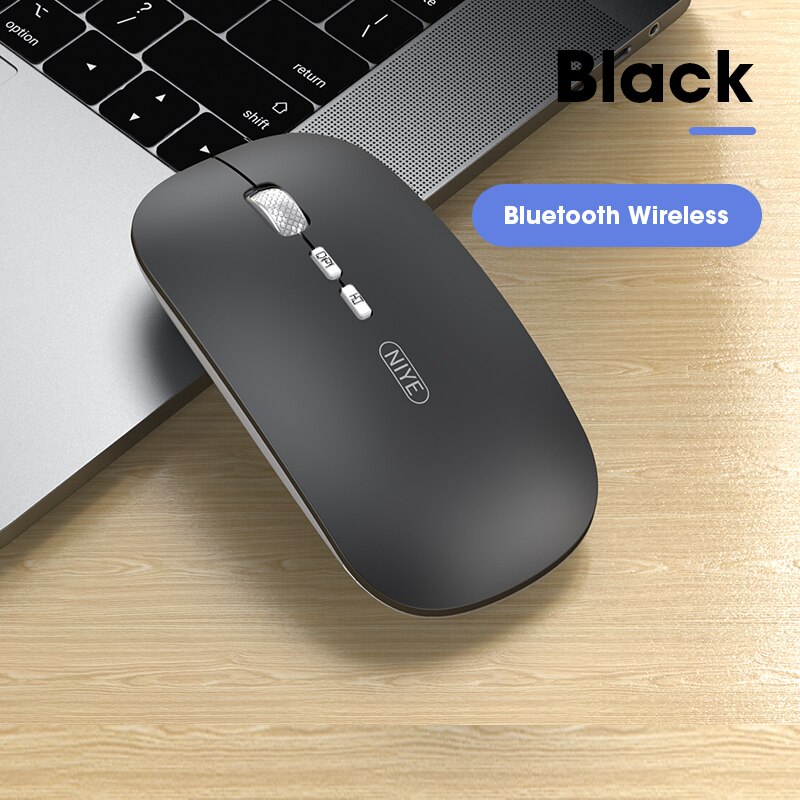Niye Rechargeable Wireless Mouse - Bluetooth & 2.4GHz USB - Silent Click - Adjustable DPI - for iPad, Laptop, PC: Bluetooth Black