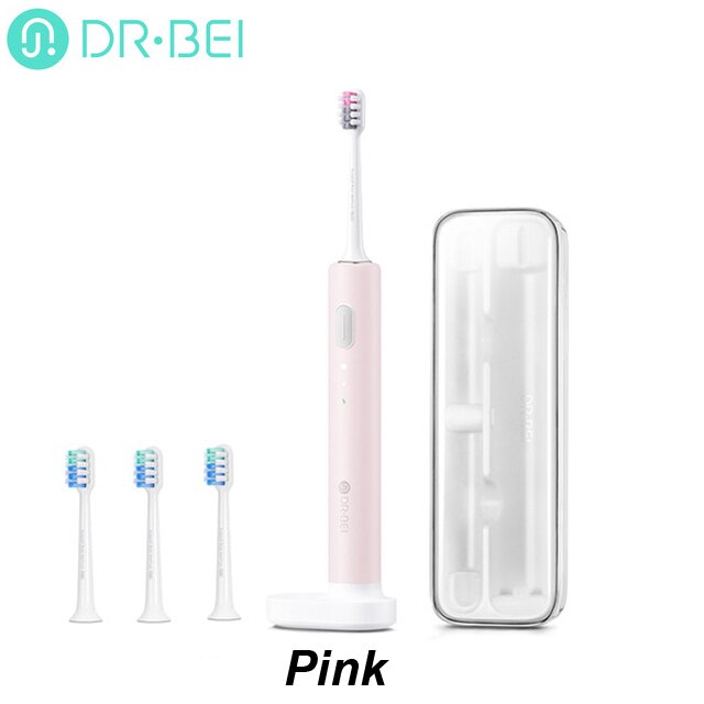 DR·BEI Ultrasonic Electric Toothbrush C1 USB Rechargeable Adult Waterproof Ultrasonic Automatic 3 Modes with Travel Case: Pink add 2head