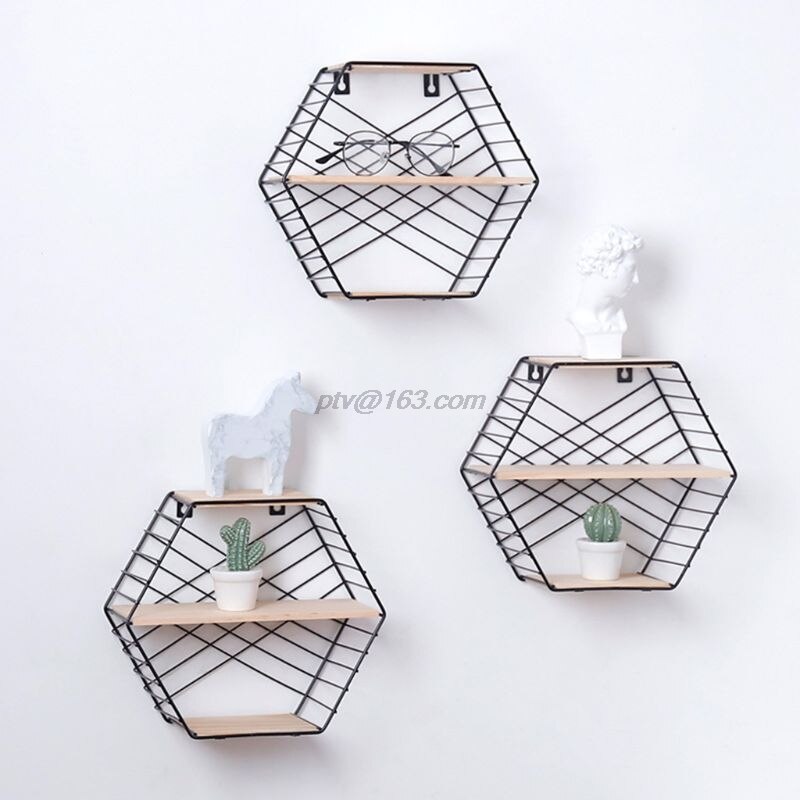 Wall Mounted Floating Shelf Simple Geometry Wood Metal Plant Flower Storage Shelves Display Decor for Bedroom Living Room Office