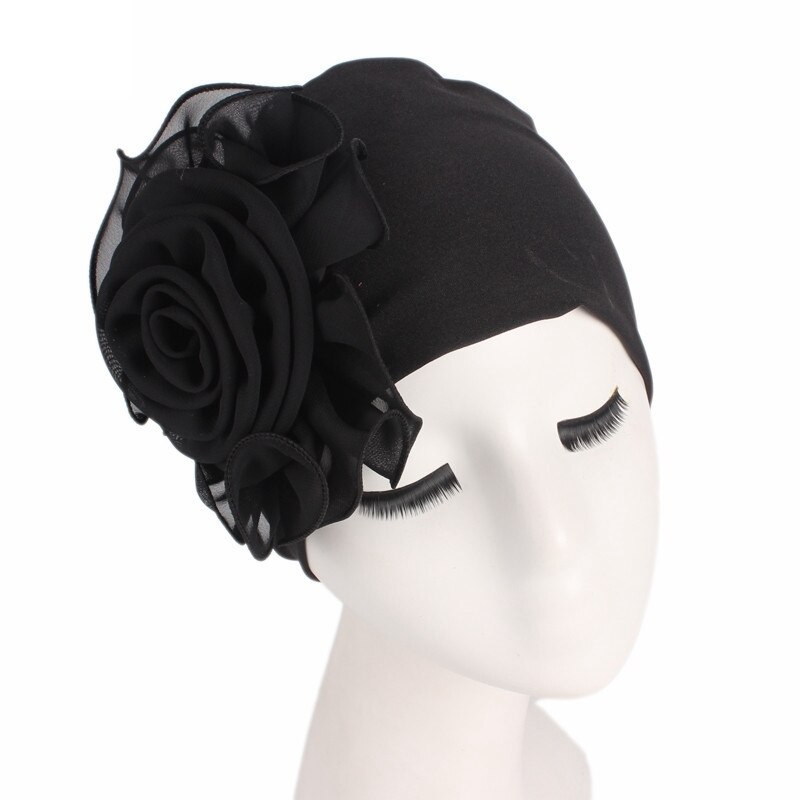 Turbante elástico de flor grande para mujer, gorro de la India, gorros para el pelo, gorro para el pelo para dormir, accesorios de estilismo de belleza: Black