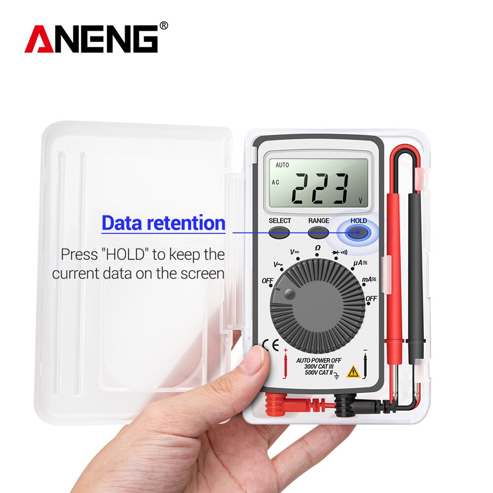 Aneng AN101 Mini Multimeter 1999 Counts Dc/Ac Spanning Stroom Automatische Meter Pocket Voltmeter Amperemeter Tester Met Meetsnoeren