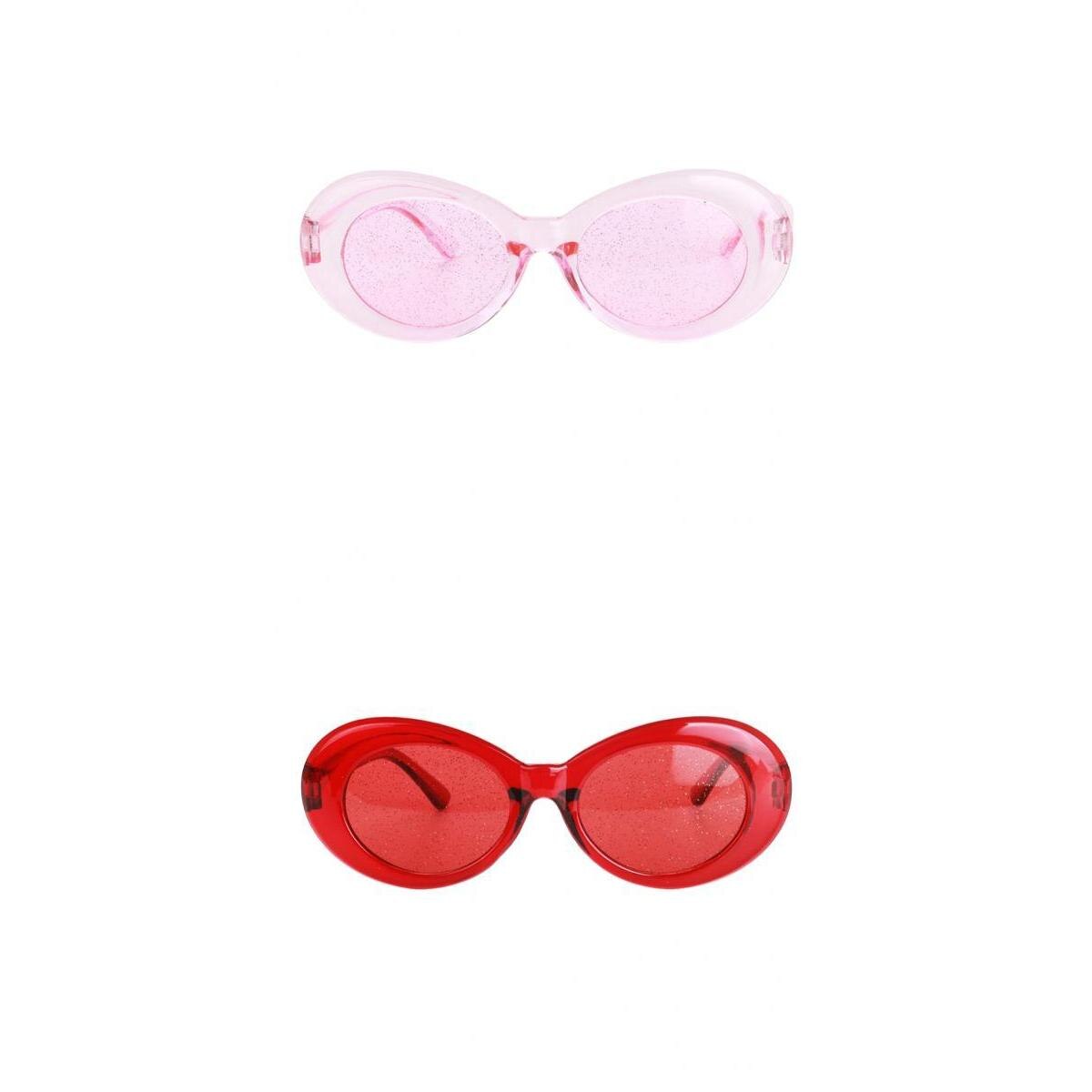 Pack Of 2 Retro Transparent Red Pink Oval Sunglasses Clout Goggles Glasses