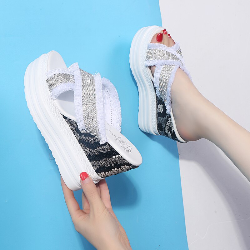 Rimocy Women Wedges Sandals Platform with Crystal Ripped Cross Strap Slippers Summer Super High Heels Slides Shoes Woman