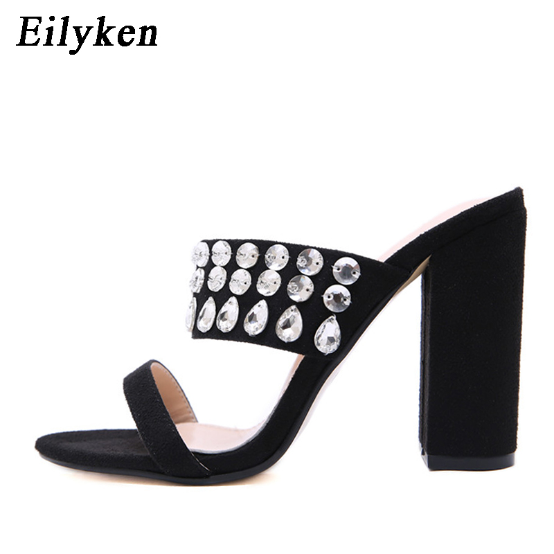Eilyken rhinestone krystall tøfler åpenn tå hødu hæler sko kvinne hæl tøfler sommer motegladiator lysbilder sandaler kvinner: Svart / 35