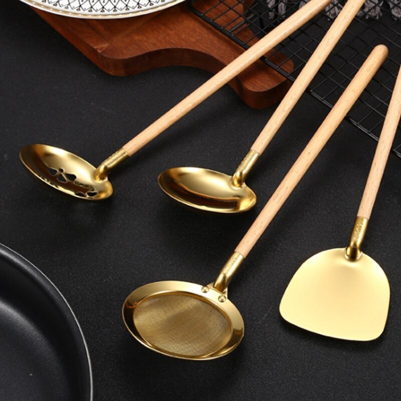 HGHO-ESPÁTULA pequeña de cocina, espátula con mango de madera, cuchara para sopa, colador, utensilios de cocina de acero inoxidable