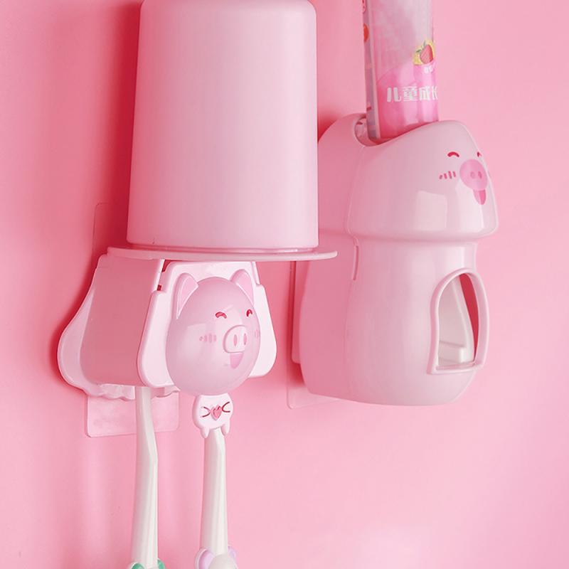 Cute Wall Mount Kids Automatic Toothpaste Dispenser Toothpaste Squeezer Toothbrush Holder For Children Bathroom Accessories Set