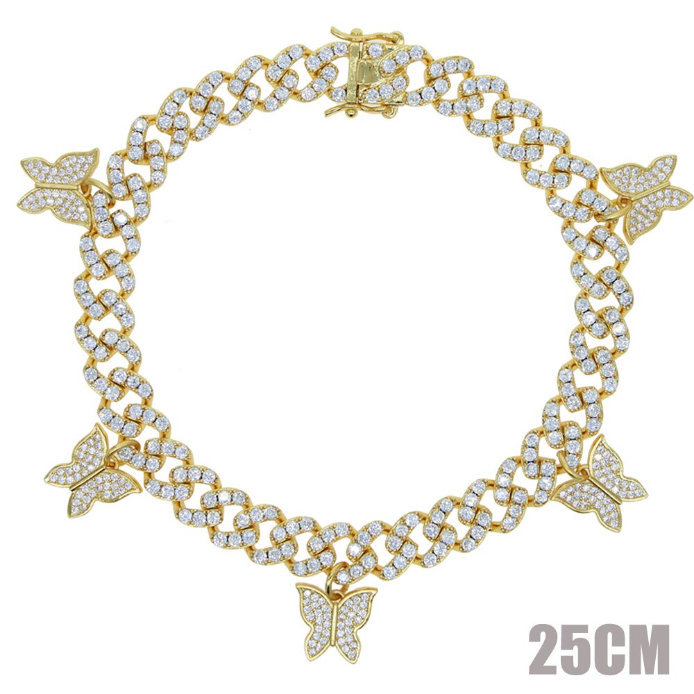 Parking Cz Baguette Vlinder Enkelbandje Sieraden 9Mm Iced Out Bling Cz Miami Cubaanse Link Zilveren Kleur Enkelband Vrouwen hiphop Sieraden: Gold White 25cm