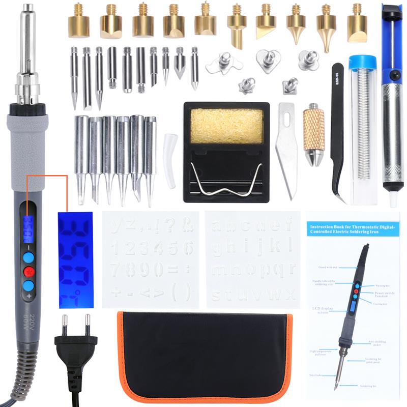 42Pcs Burning Kit Digital LCD Display Pyrography Engraving Soldering Kit Thermostatic Digital-Controlled Pen Set Wood Craft Tool