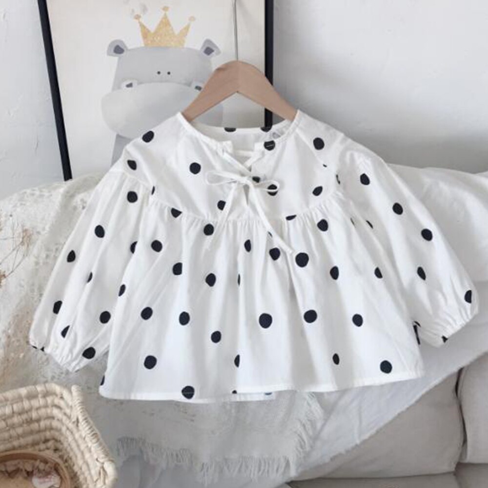 Tops y blusas de manga abombada de lunares para niñas, ropa coreana para niños pequeños, primavera