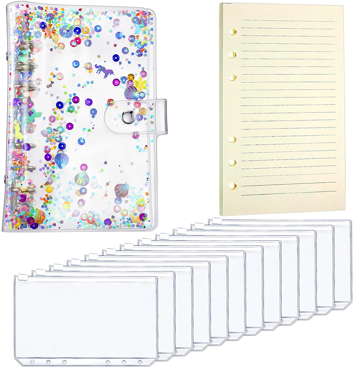 A6 Transparent PVC Notebook Cover Loose Diary Coil Ring Binder Filler Paper Planner Receipt Bag Card Storage Agenda for School: Glitter -12pcs