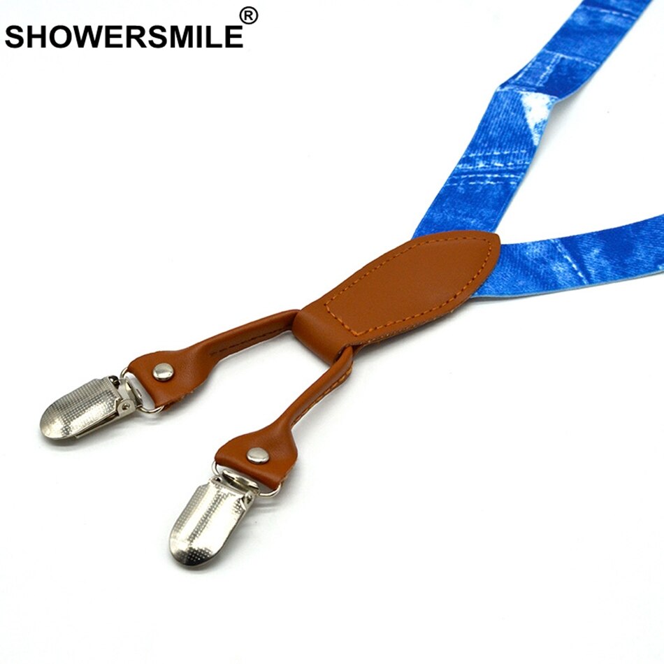 Showersmile drenge seler print denim blå seler og butterfly sæt børnelæder 4 klips elastisk justerbar børnebukserem