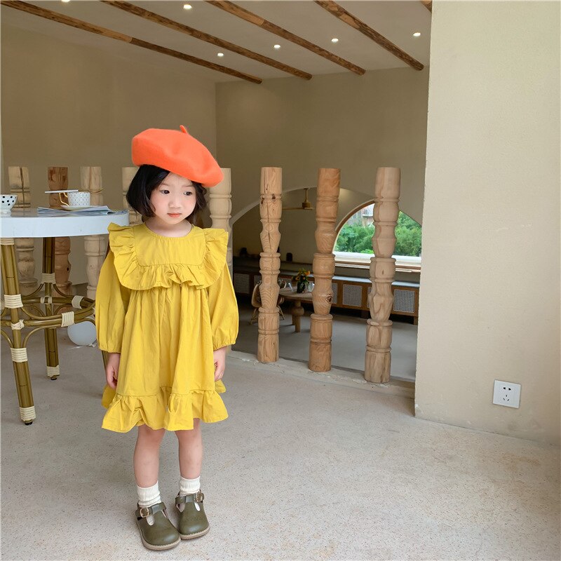 Autumn Girls Solid Long Sleeve Dress Kids Korean Dress: Yellow / 2T