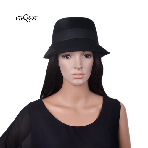 purple real Wool hats warm felt winter women's hat wedding church trilby with gross grain ribbon: black