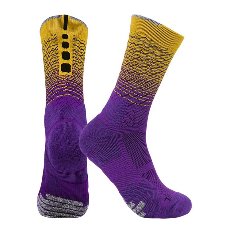Calcetines de baloncesto Elite Crew Dry Fit para hombre, medias gruesas con almohadilla de cojín de felpa suave, calcetines deportivos de Color contrastante: Purple yellow