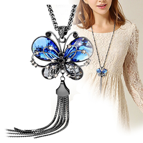 Women's Butterfly Pendant Tassels Rhinestone Long Sweater Chain Necklace Jewelry Leader' Choice