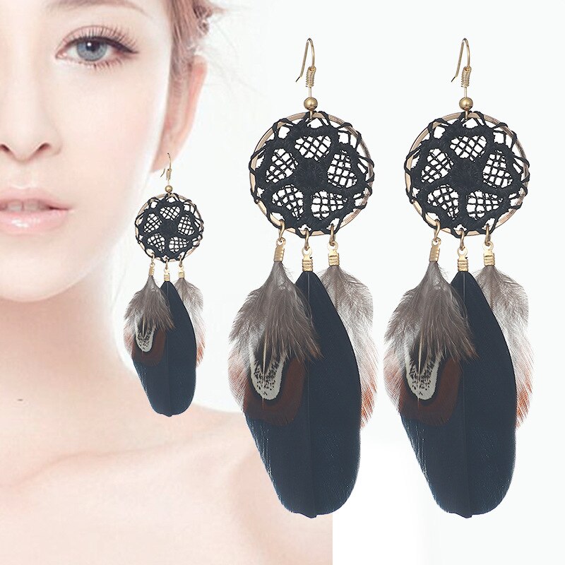 Bohemian Woven Dream Catcher Feather Dangle Earrings for Woman Trendy Boho Long Tassel Earring Wedding Jewelry: E1439-Black