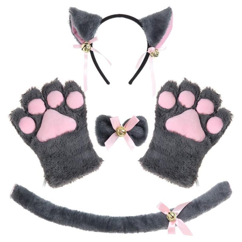 Costume de Cosplay pour femme chat femme, cloche d'oreille en peluche, bandeau, bandeau, gants ras du cou, doux, légers et faciles à porter en: 3