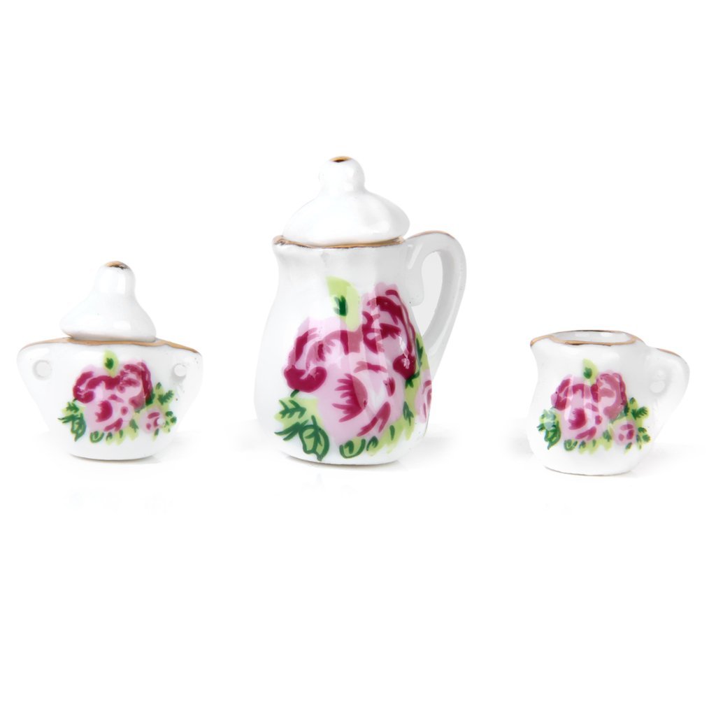 FBIL-15 pieces Porcelain tea set Dollhouse miniature foods Chinese rose dishes cup