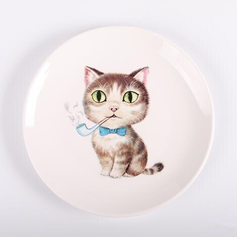 Assiette dessin animé motif chat assiette en céramique 8 pouces plat blanc impression plaque moderne maison vaisselle bonbons plateau hambourg assiette: C