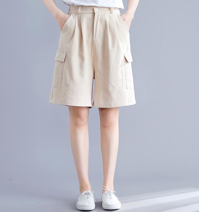 Sommer kæreste cargo shorts kvinder løs elastik talje plus size korte bukser vintage bomuld lange shorts brede ben korte femme: Beige / Xl
