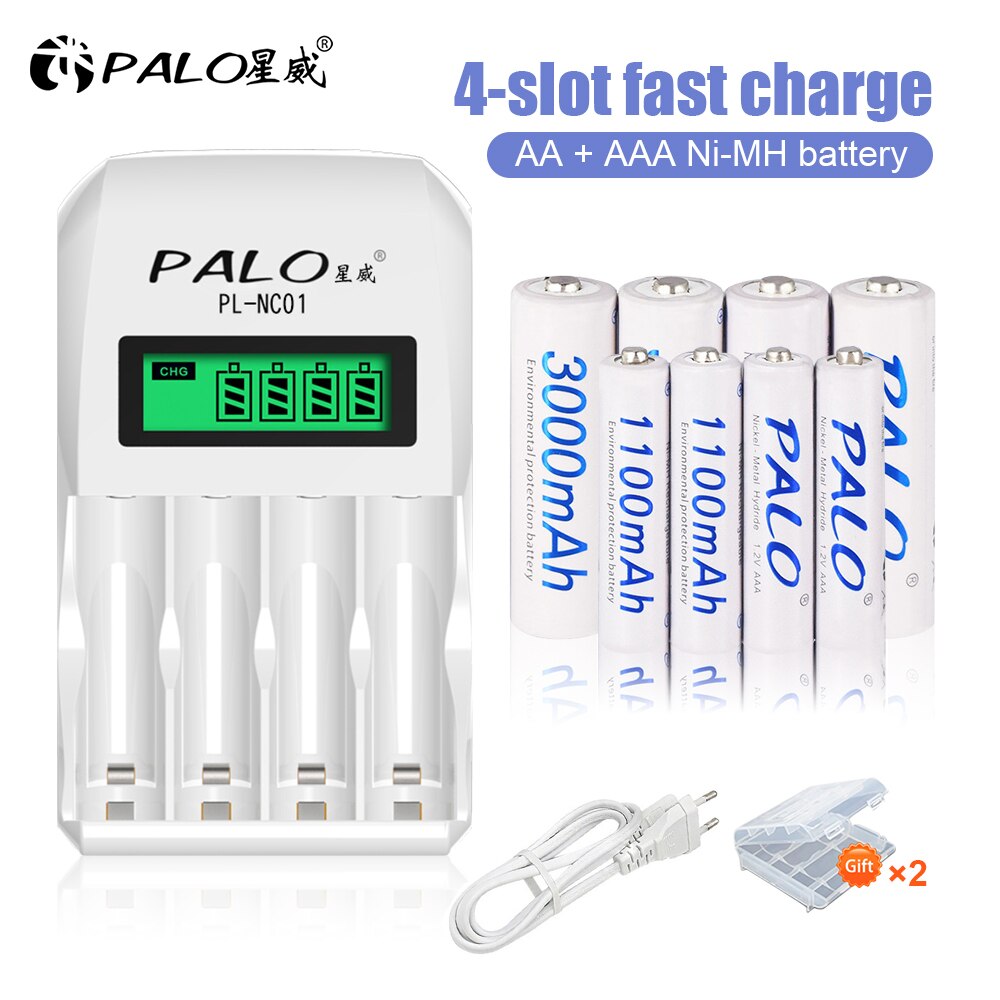 Palo 1.2v aa nabíjateľná batéria  + 1.2v aaa nabíjacie batérie s inteligentnou aa nabíjačkou batérií pre 1.2v ni-mh aa aaa batérie