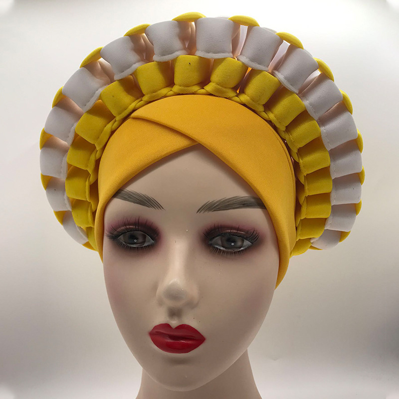 Casquette de gel africain à la , couvre-chef déjà fait, couvre-chef de mariage nigérian, Auto Gele afrique prêt à porter, turban couvre-chef: yellow