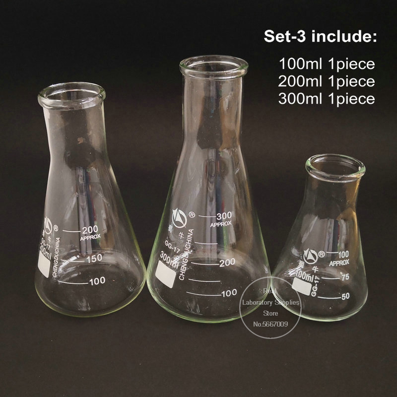 1set Erlenmeyer Borosilicate Glass Flask Wide Neck Conical Triangular Flask for Lab Chemical Equipment