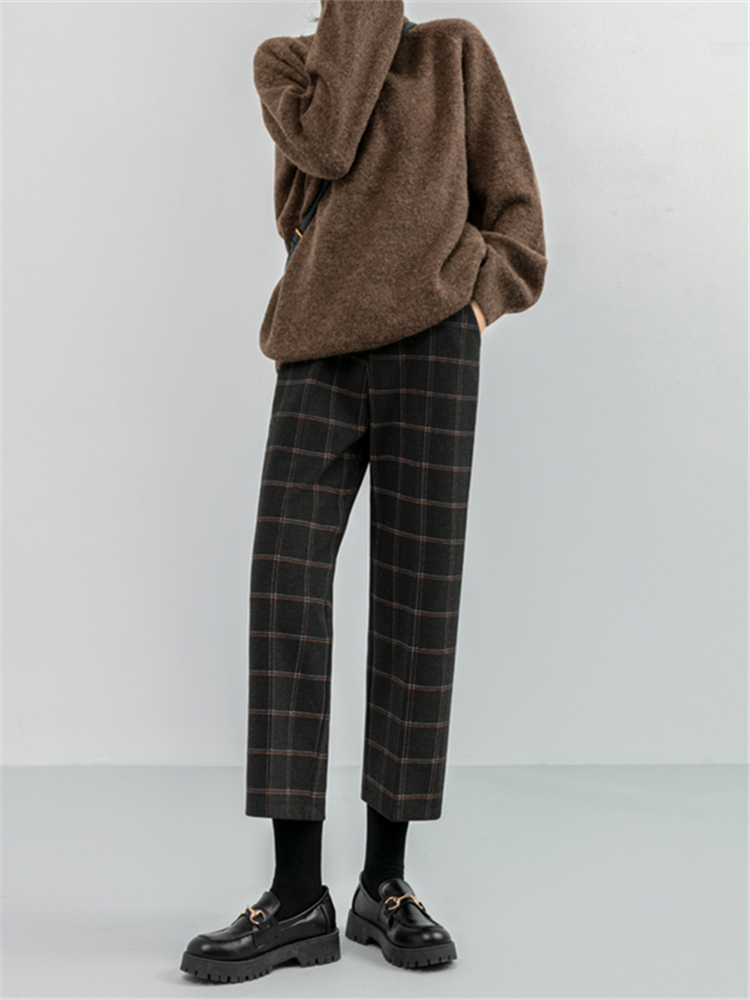 Seoulish Herfst Winter Wollen Plaid Vrouwen Formele Rechte Broek Hoge Taille Enkellange Chic Losse Dames Broek pocket