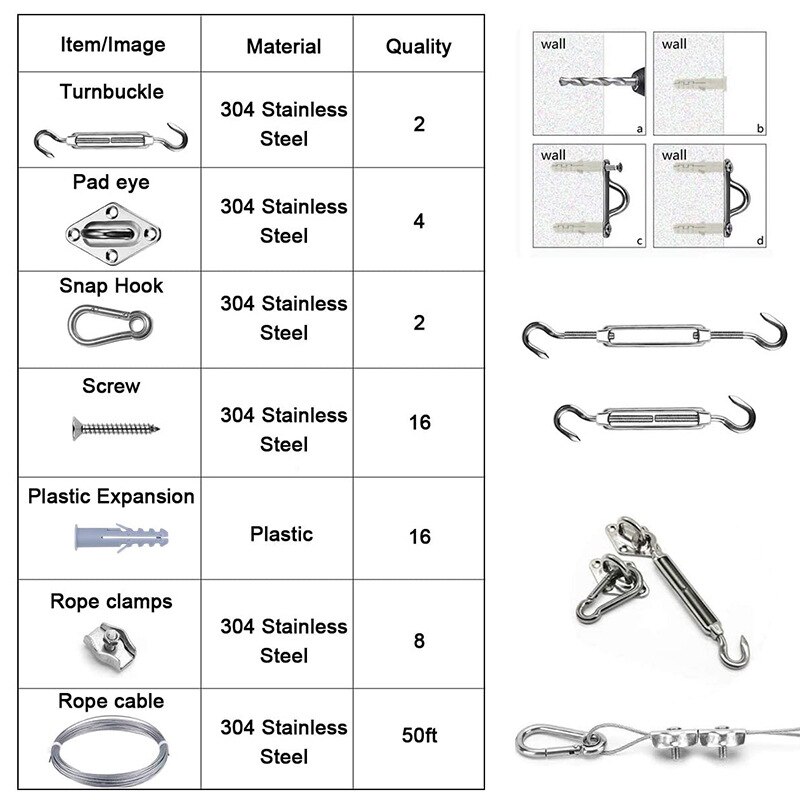 50Pcs 11 Set 5M 5mm Stainless Steel Clothesline Wire Rope Kit Square Four-corner Buckle Turnbuckle Screws