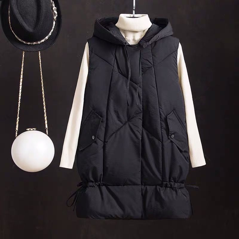 Vintervest damefrakke mellemlang vestjakke plus size efterår og vinter ærmeløs damejakke: Sort / Xxxl