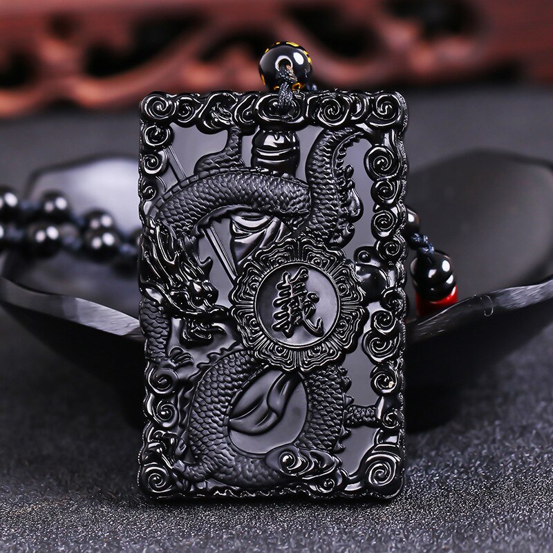 Natuurlijke Chinese Zwarte Hand-Gesneden Obsidiaan Guan Gongyu Hanger Mode-sieraden Dubbelzijdig Gesneden Mannen Ketting Cai Shen