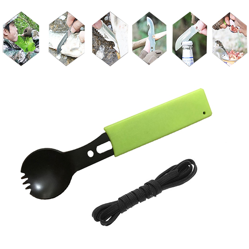 Kit de utensilios de cocina para acampada, cuchara, tenedor, abrebotellas, portátil, multifuncional, seguridad y supervivencia, acero inoxidable duradero